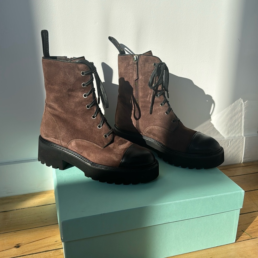 Aquazzura Desert Combat Chocolate Brown Suede and Black Leather Boots with Box